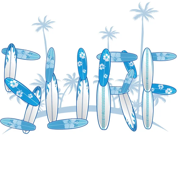 Written with blue surfboards with palm tree.vector illustration — Stock Photo, Image