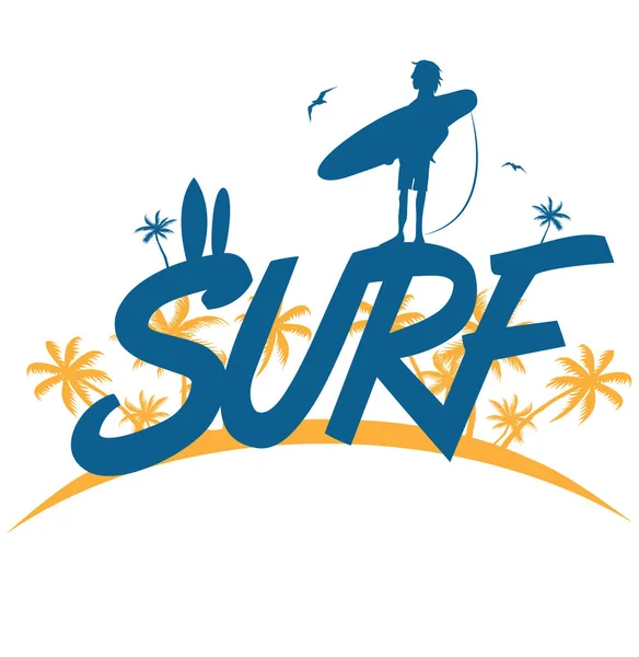 Surf-Schriftzug mit Surfer auf Palmengrund. Vektor-Illusion — Stockfoto
