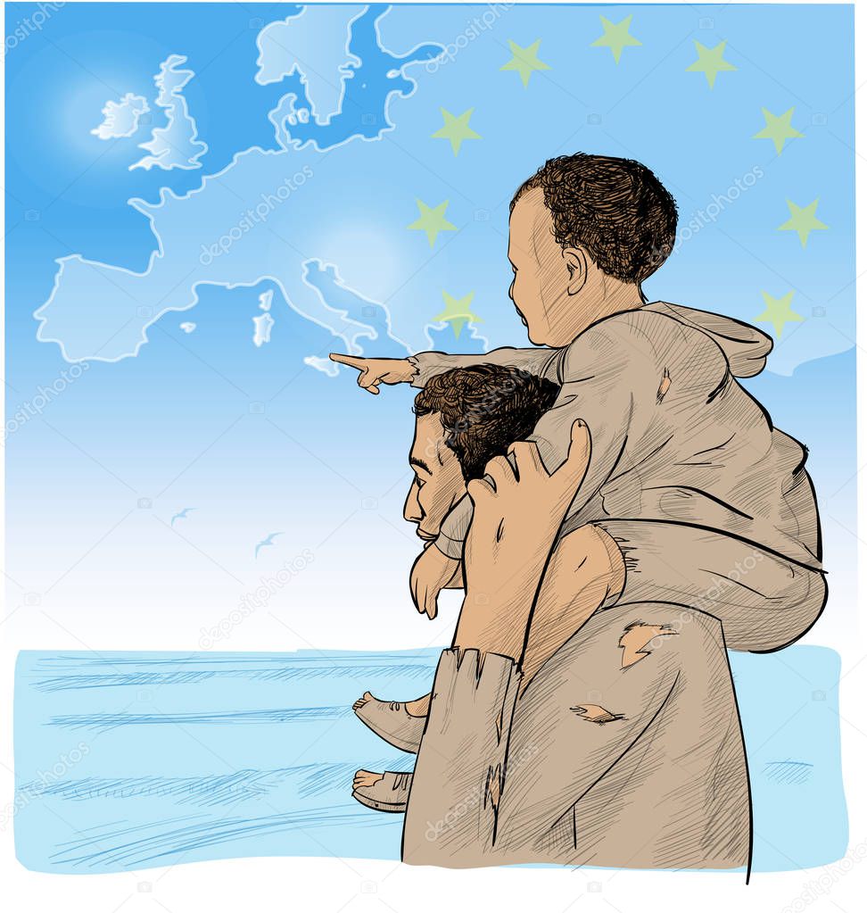 father and son immigrants in front of the European map