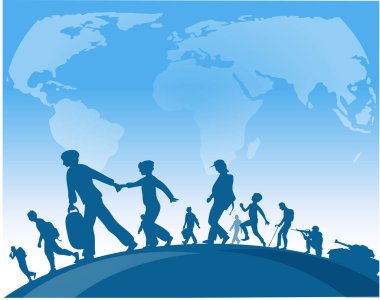 immigration people walk under world map background clipart