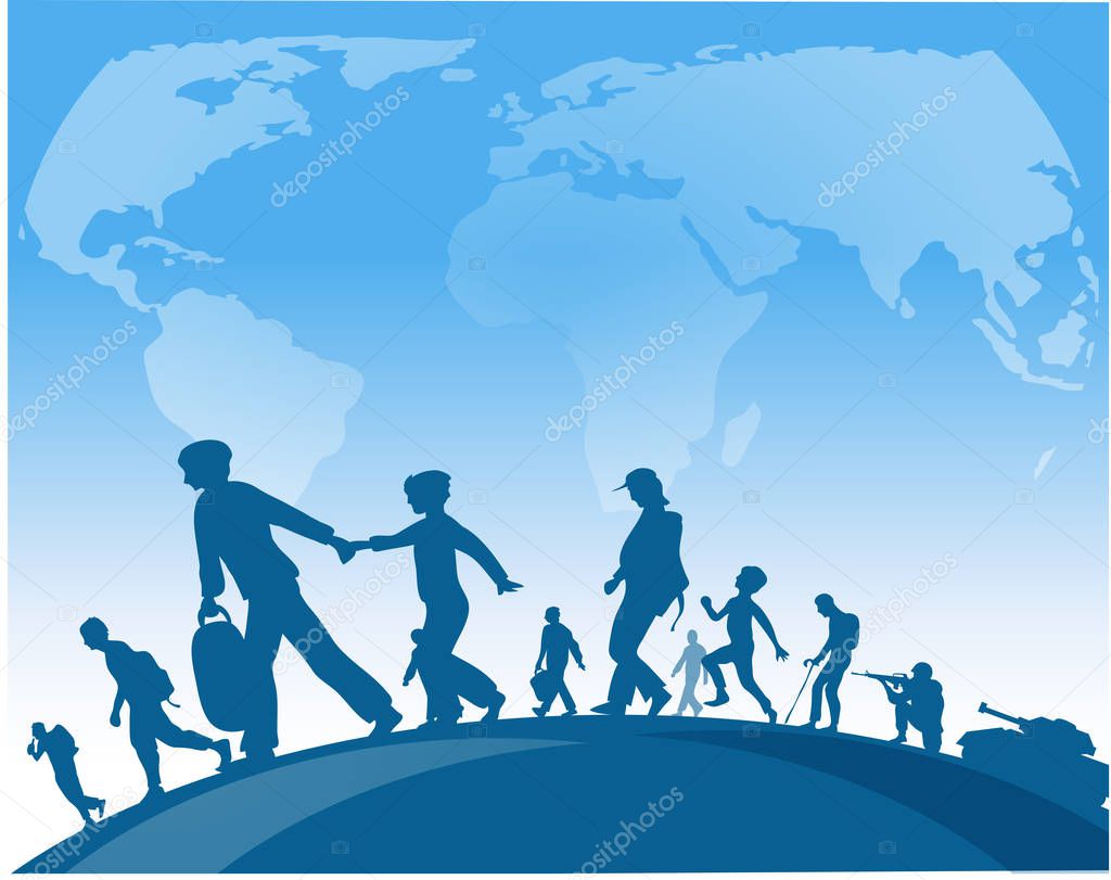 immigration people walk under world map background