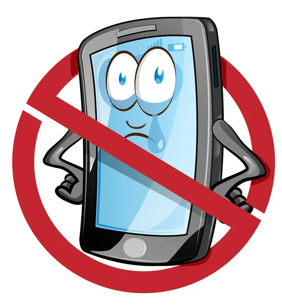 Teléfono celular móvil en estilo vectorial de dibujos animados dentro del icono rojo prohibido — Vector de stock