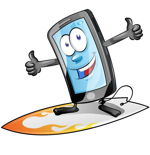 Divertido desenho animado do personagem do smartphone na prancha de surf. isolado no whit — Vetor de Stock