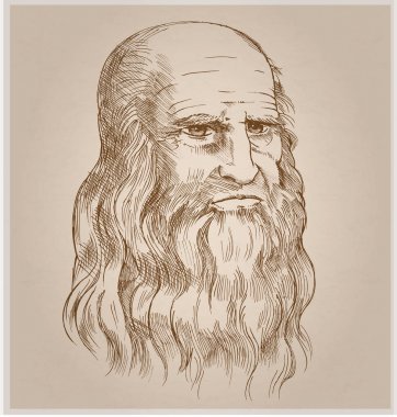 Kağıt arka planda elle çizilmiş vektör portresi. Leonardo Da Vinci