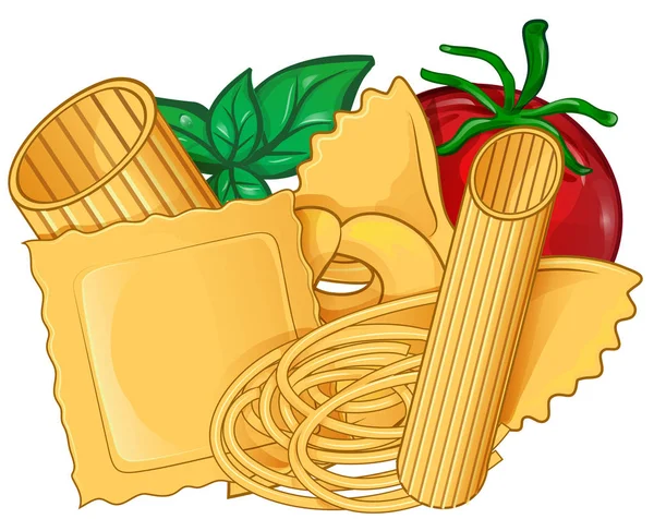 Prawdziwym włoskim makaronem foodz bazylią i pomidorem. Wektor — Wektor stockowy