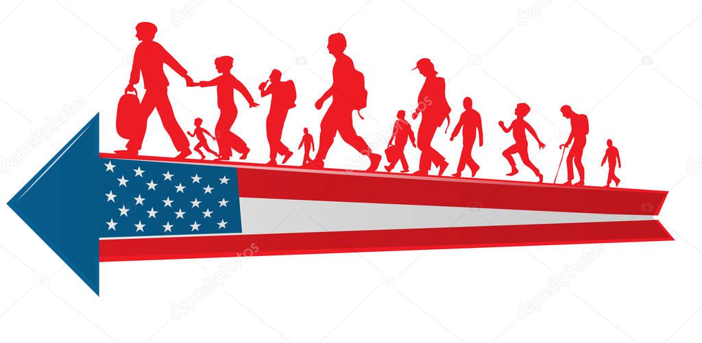 immigration people silhouette moving to  USA  arrow flag