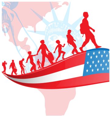 Amerikan map.illustration üzerinde göçmenlik insanlar ile ABD bayrağı 