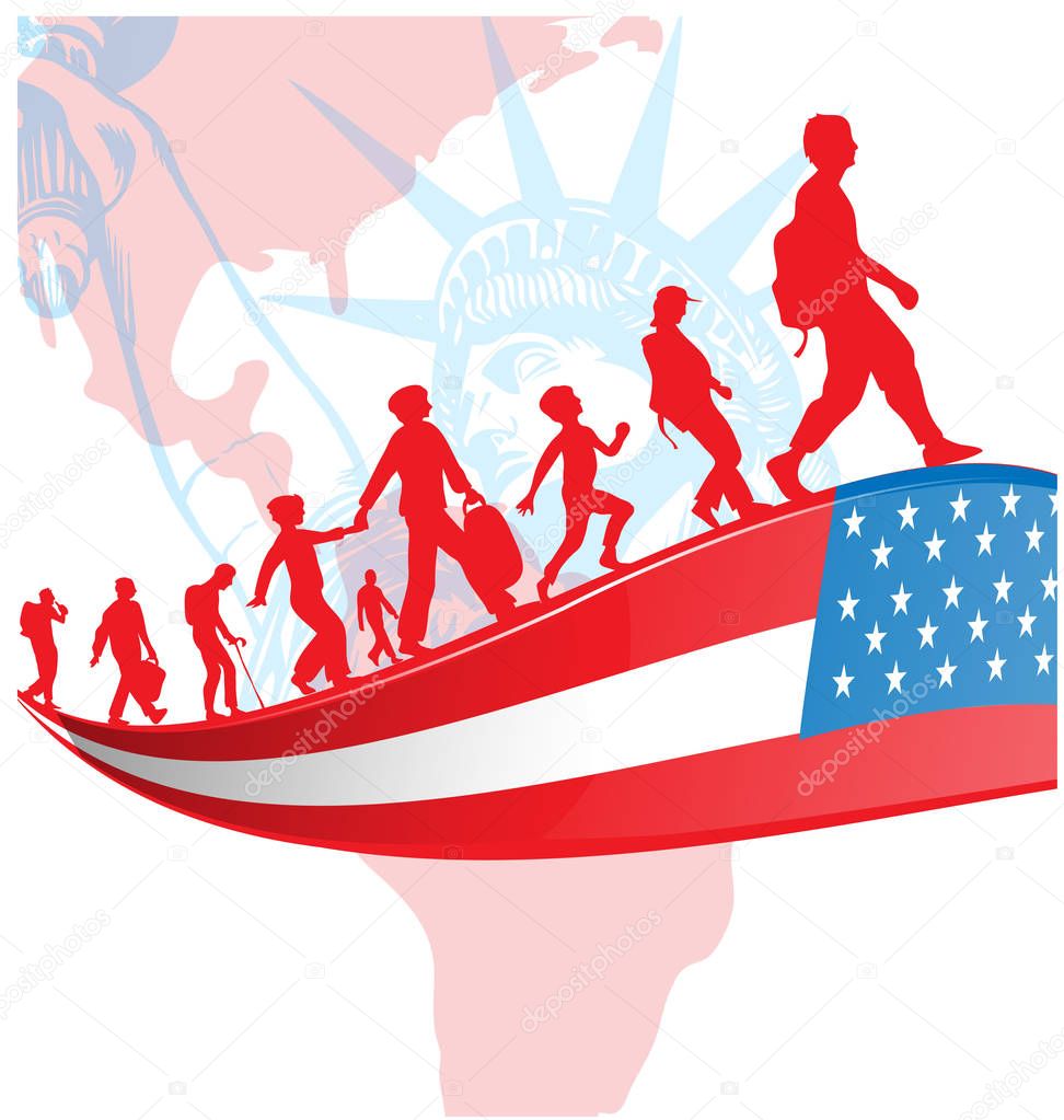 USA flag with immigration people on american map.illustration 