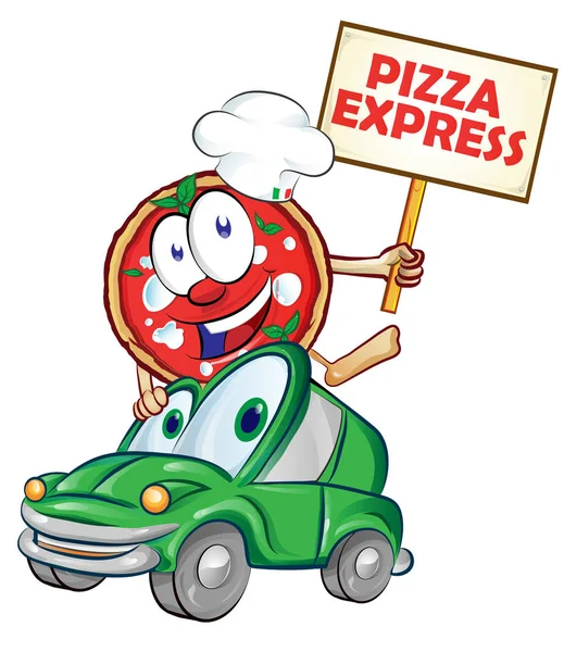 Pizza entrega expressa carro desenhos animados com tabuleta —  Vetores de Stock