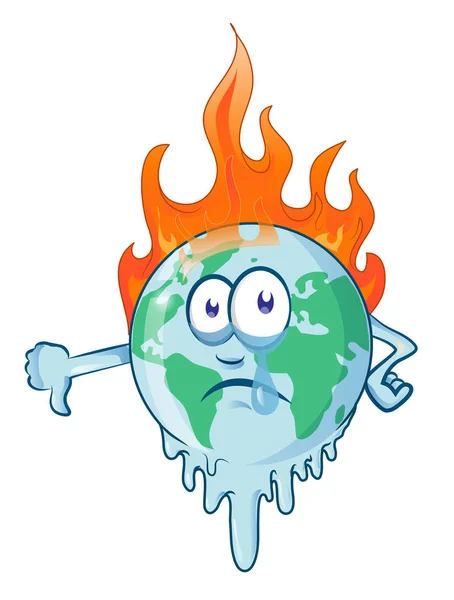 Earth cartoon on fire planet is burning disaster warning — Stock Vector