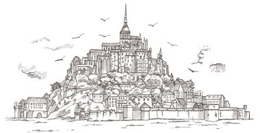 Le Mont Saint Michel ,Normandiya, Fransa. El çizilmiş kroki illust
