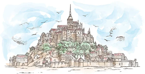 Le Mont Saint Michel, Frankrijk. Hand getekende schets aquarel. klok — Stockvector