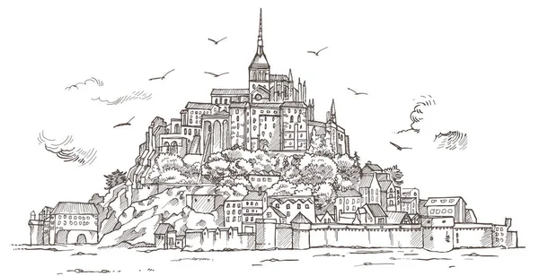 勒蒙特圣米歇尔，诺曼底，法国。手绘素描 — 图库矢量图片