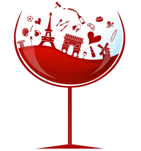 Pohár francia vörösbor szimbólumelemmel — Stock Vector