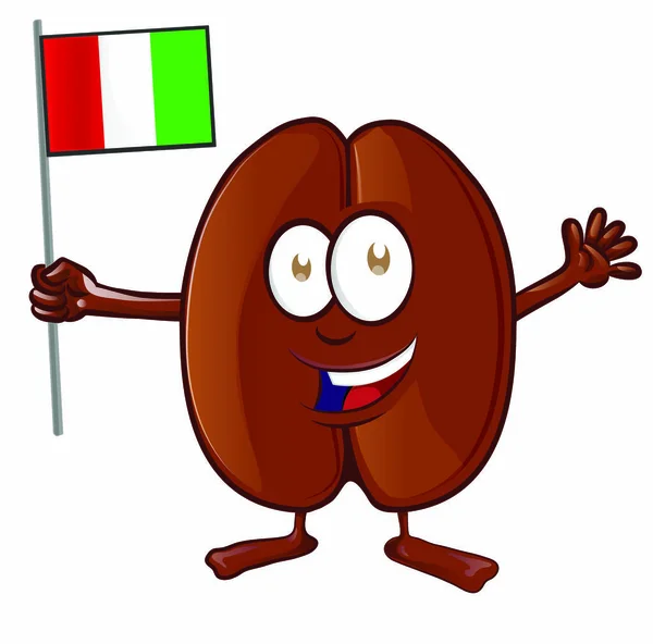 Ilustración vectorial del carácter del grano de café con bandera italiana — Vector de stock