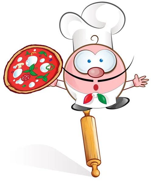 Divertido pizza chef desenhos animados no rolo pin —  Vetores de Stock