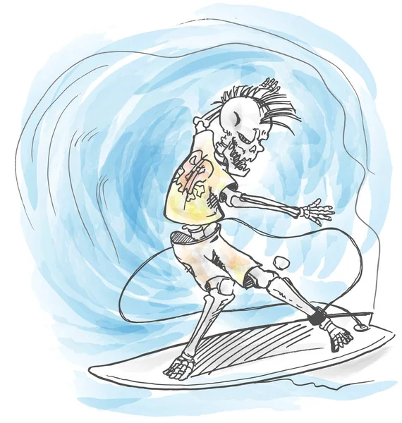 Acuarela surfista esqueleto mano dibujado en ola — Vector de stock