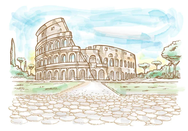 Roma Coliseu mão desenhada aquarela —  Vetores de Stock