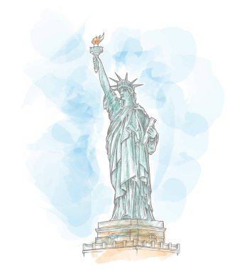 Özgürlük heykeli suluboya arka planda el çizimi