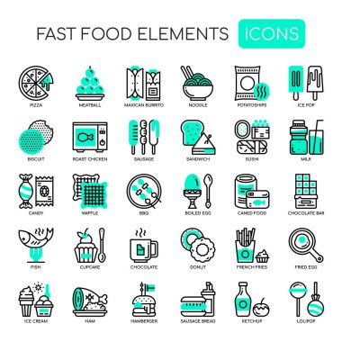 Fast Food Elementleri, İnce Hat ve Piksel Mükemmel Simge