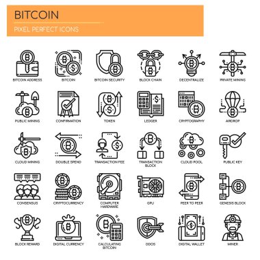 Bitcoin Elementleri, İnce Çizgi ve Piksel Mükemmel Simgeler