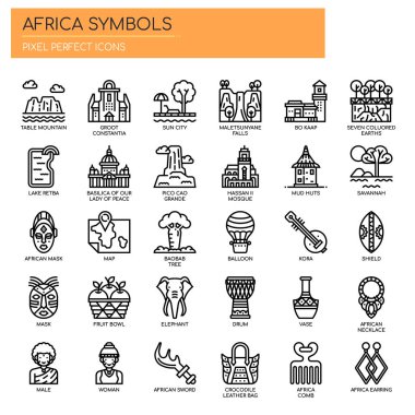 Afrika Elementleri, İnce Çizgi ve Piksel Mükemmel Simgeler
