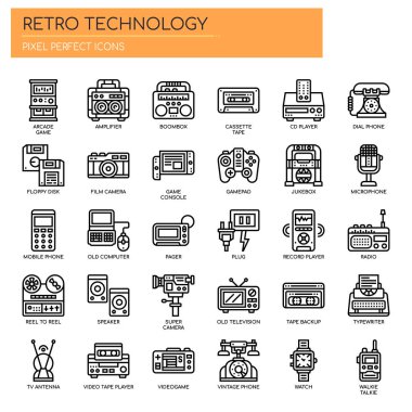 Retro Teknoloji, İnce Çizgi ve Piksel Mükemmel Simgeler