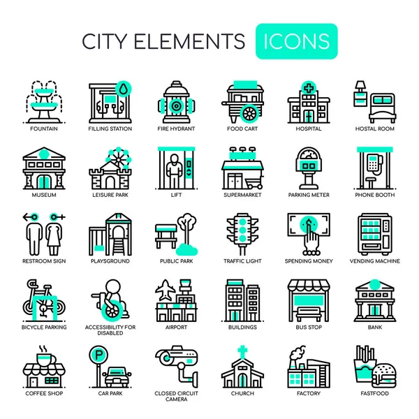 Elementos Ciudad Línea Delgada Pixel Icono Perfecto — Vector de stock