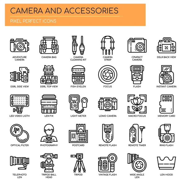 Cámara Accesorios Línea Delgada Píxeles Iconos Perfectos — Vector de stock