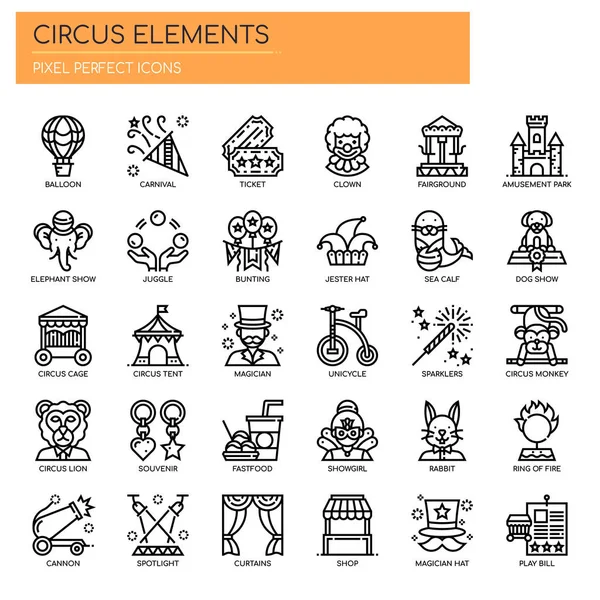 Elementos Circo Línea Delgada Píxeles Iconos Perfectos — Archivo Imágenes Vectoriales