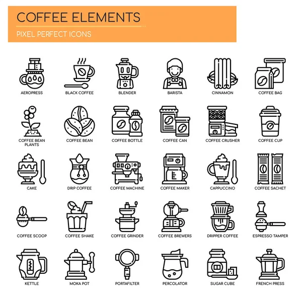 Elementos Café Línea Delgada Píxeles Iconos Perfectos — Vector de stock