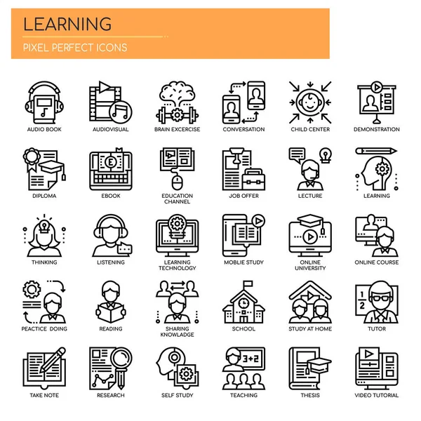 Éléments Apprentissage Ligne Mince Icônes Pixel Perfect — Image vectorielle