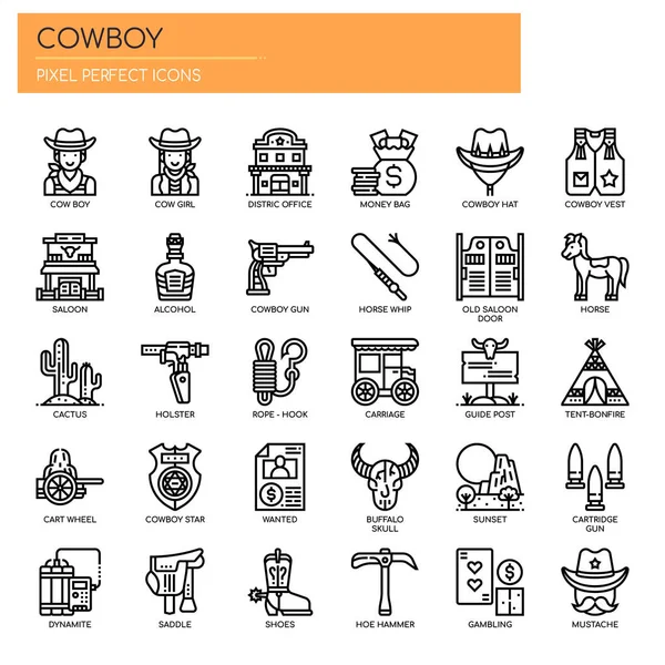 Cowboy Elements Thin Line Pixel Perfect Icons — стоковий вектор