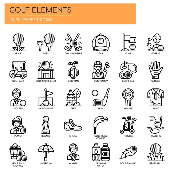 Golf Elementleri Nce Çizgi Piksel Mükemmel Simgeler — Stok Vektör