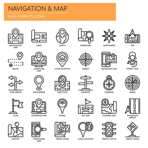 Navegación Mapa Línea Delgada Píxeles Iconos Perfectos — Archivo Imágenes Vectoriales