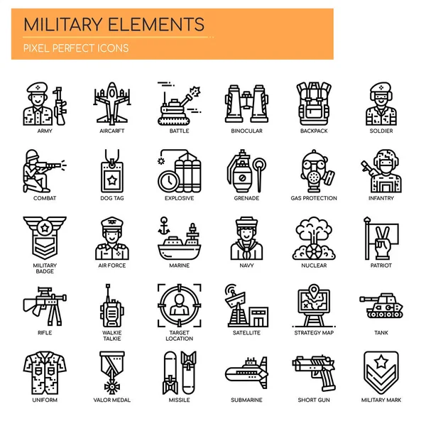 Military Elements Thin Line Pixel Perfect Icons — стоковый вектор