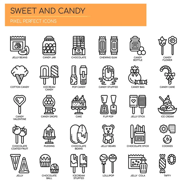 Słodko Cukierkowe Cienka Linia Pikselowe Idealne Ikony — Wektor stockowy