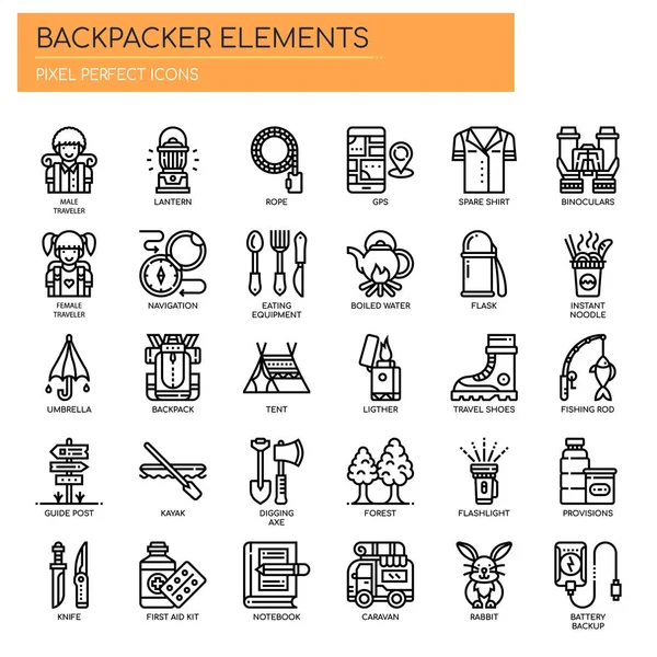 Backpacker Elements Thin Line Pixel Perfect Icons — стоковый вектор