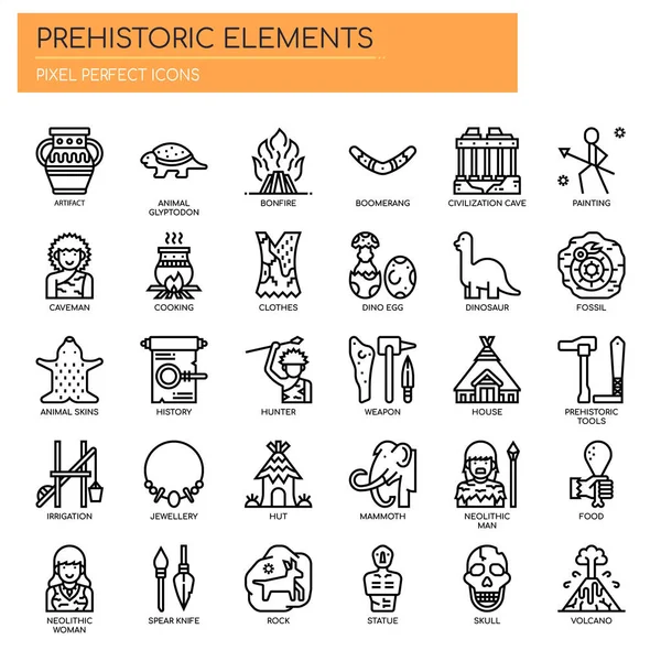 Elementos Prehistóricos Línea Delgada Píxeles Iconos Perfectos — Vector de stock