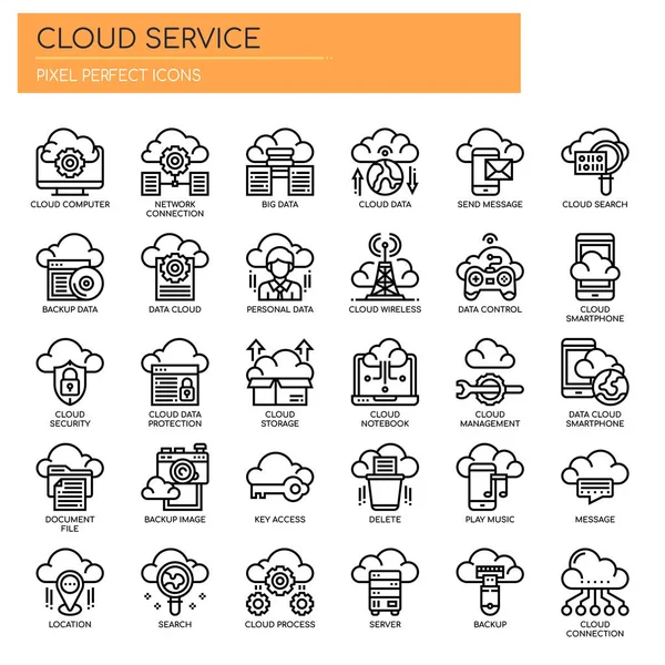 Servicio Nube Línea Delgada Píxeles Iconos Perfectos — Vector de stock