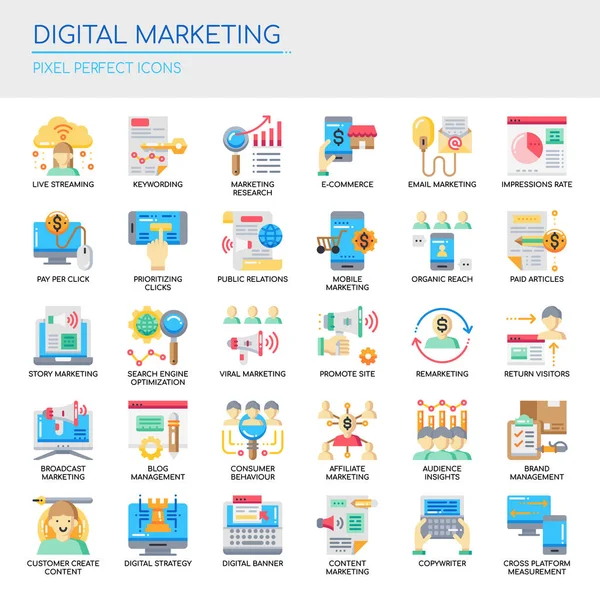 デジタルマーケティング 細い線とピクセル完璧なアイコン — ストックベクタ