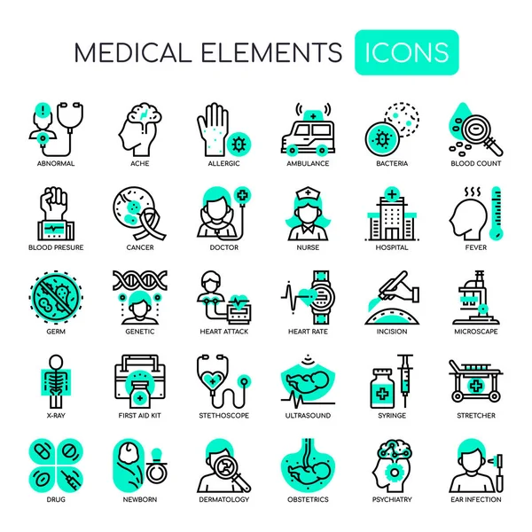 Elementos Médicos Línea Delgada Píxeles Iconos Perfectos — Vector de stock