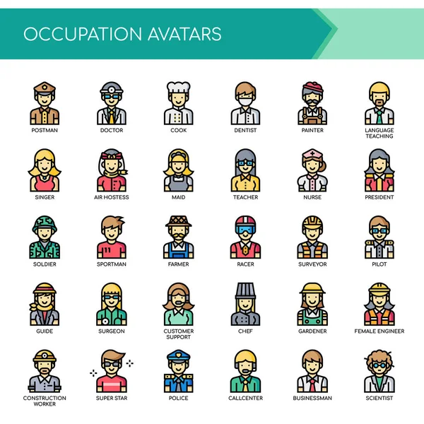 Occupation Avatars Thin Line Pixel Perfect Icons — 스톡 벡터