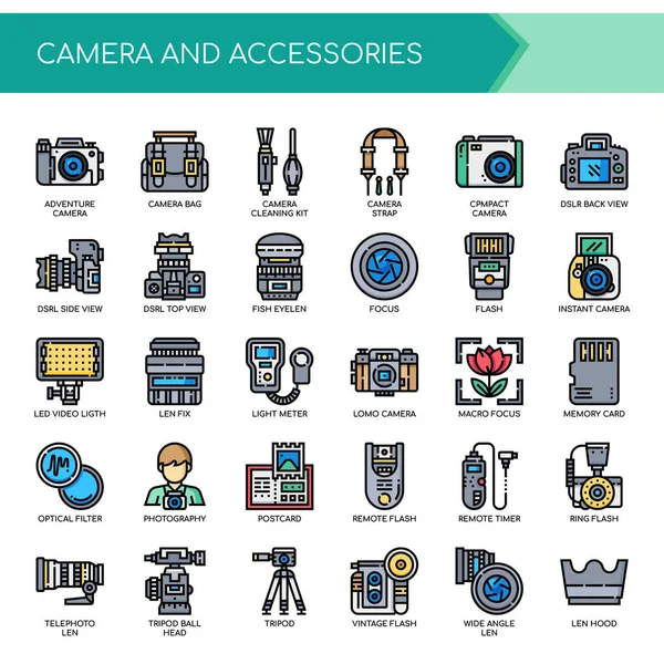 Camera Accessoires Dunne Lijn Pixel Perfecte Pictogrammen — Stockvector