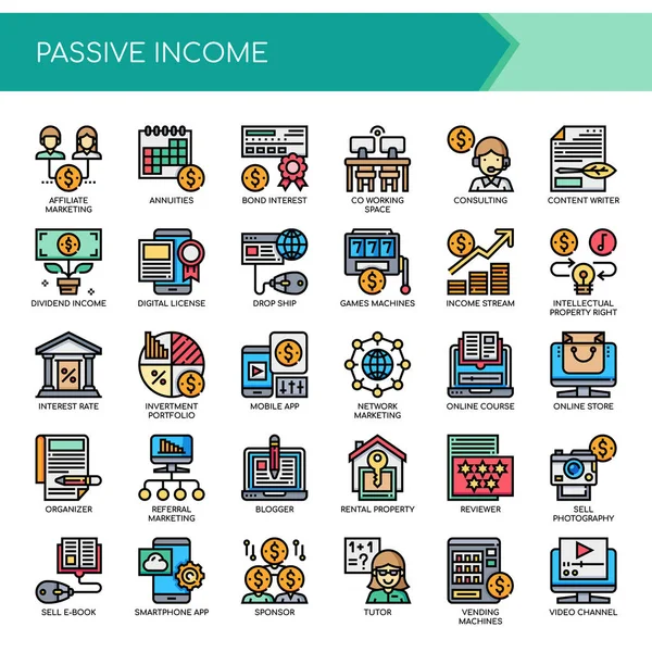 Revenu Passif Ligne Mince Icônes Pixel Perfect — Image vectorielle