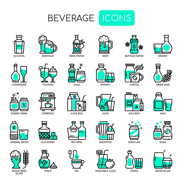 Ícones Perfeitos Bebida Linha Fina Pixel — Vetor de Stock