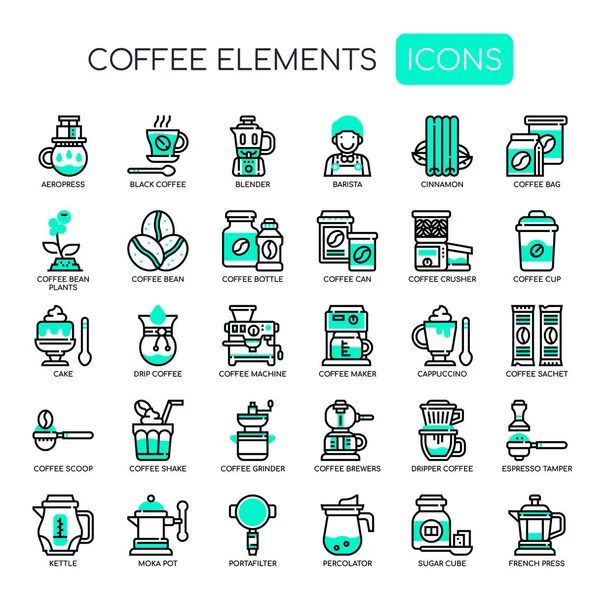Kahve Elementleri Nce Hat Piksel Mükemmel Simgeler — Stok Vektör