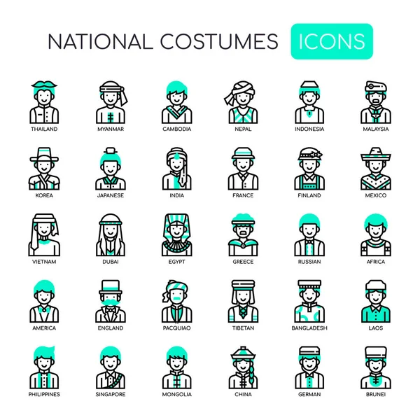 Národní Kostýmy Tenká Linie Pixel Perfektní Ikony — Stockový vektor