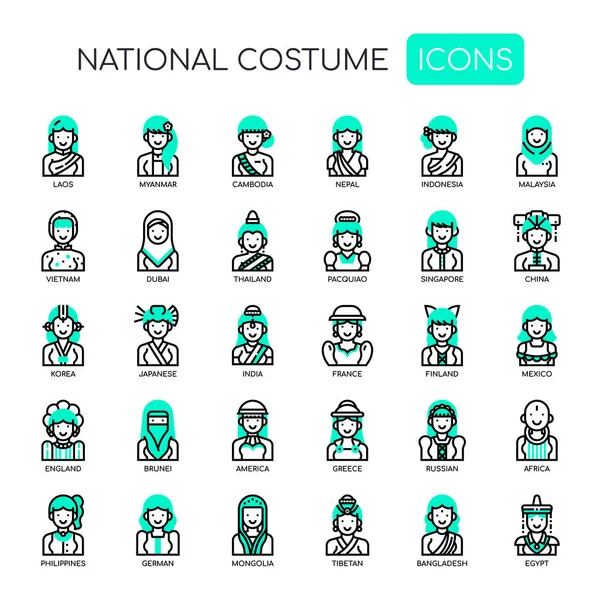 Národní Kostýmy Tenká Linie Pixel Perfektní Ikony — Stockový vektor