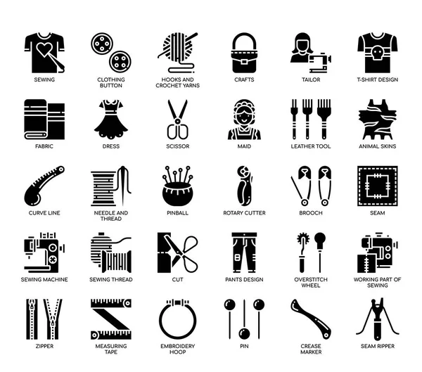 Elementos de costura, ícones de glifo — Vetor de Stock